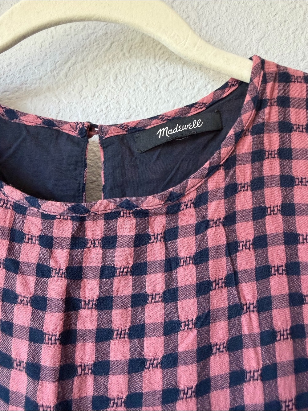 Madewell Short Sleeve Tiered Mini Dress Pink Navy Gingham Check, Like New, XS - Picture 4 of 16
